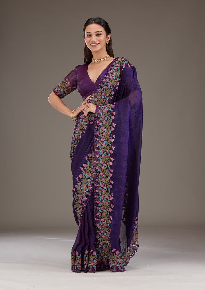 Purple Tissue Cutwork Saree With Matching Blouse Piece