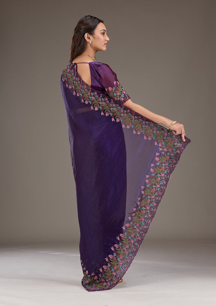 Purple Tissue Cutwork Saree With Matching Blouse Piece
