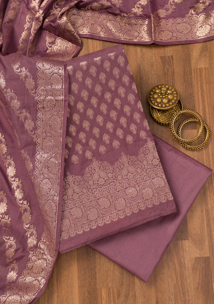 Purple Silk Gold Zariwork Unstitched Dress Material With Matching Bottom And Dupatta