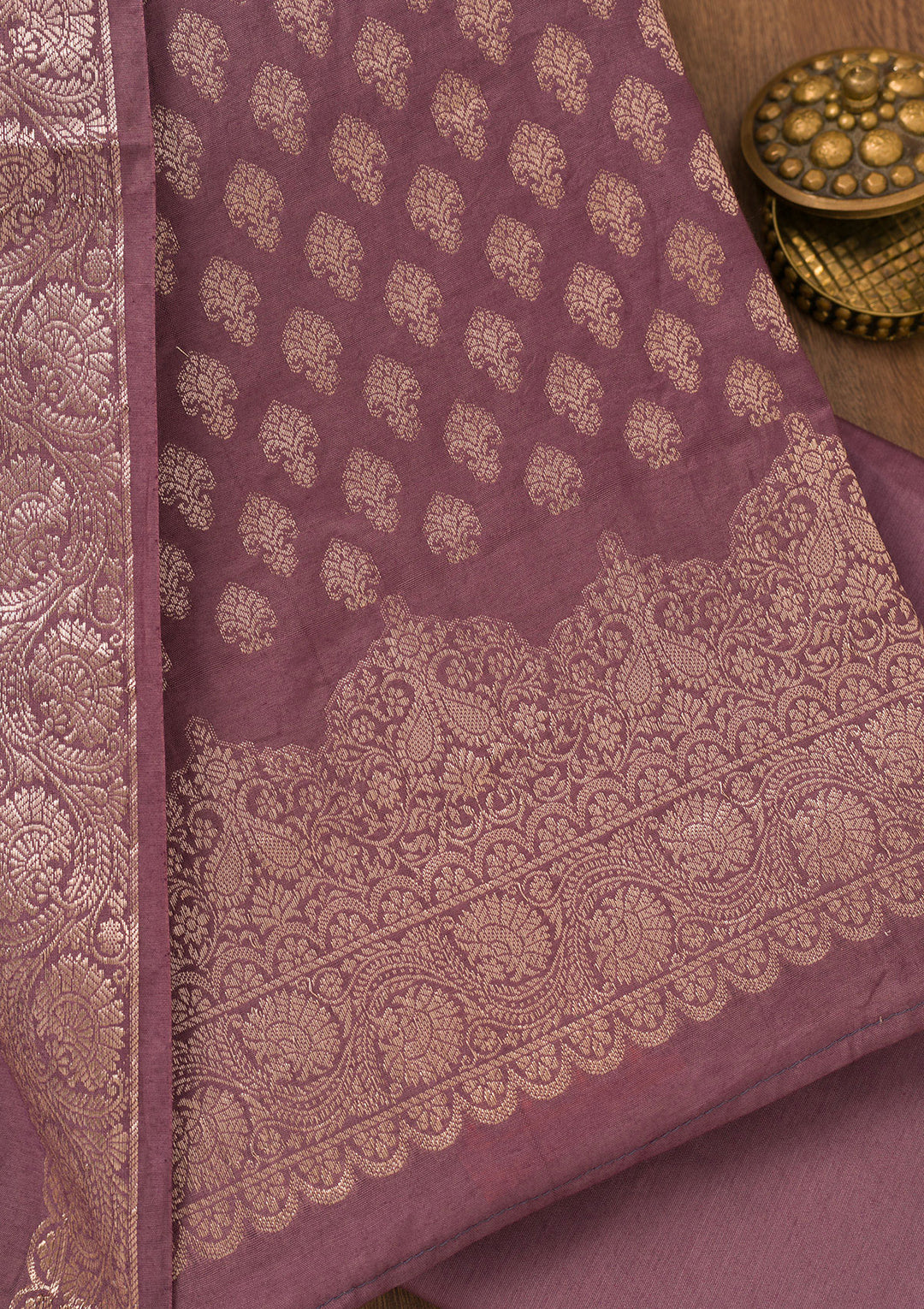 Purple Silk Gold Zariwork Unstitched Dress Material With Matching Bottom And Dupatta