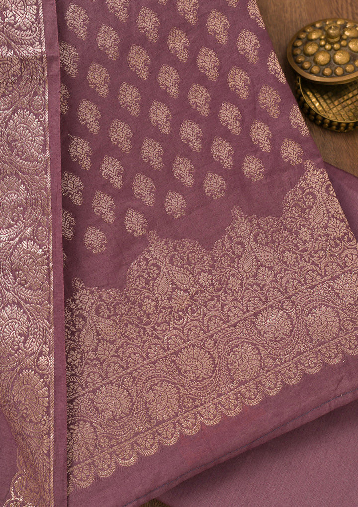 Purple Silk Gold Zariwork Unstitched Dress Material With Matching Bottom And Dupatta