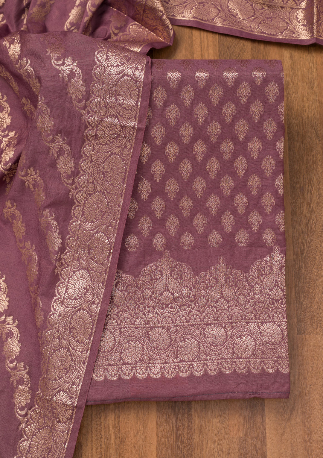 Purple Silk Gold Zariwork Unstitched Dress Material With Matching Bottom And Dupatta