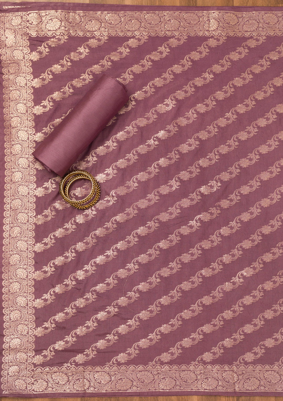 Purple Silk Gold Zariwork Unstitched Dress Material With Matching Bottom And Dupatta