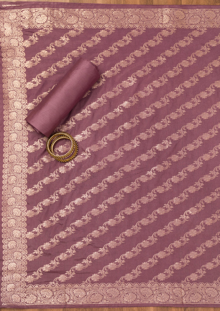 Purple Silk Gold Zariwork Unstitched Dress Material With Matching Bottom And Dupatta