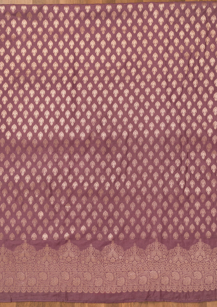 Purple Silk Gold Zariwork Unstitched Dress Material With Matching Bottom And Dupatta