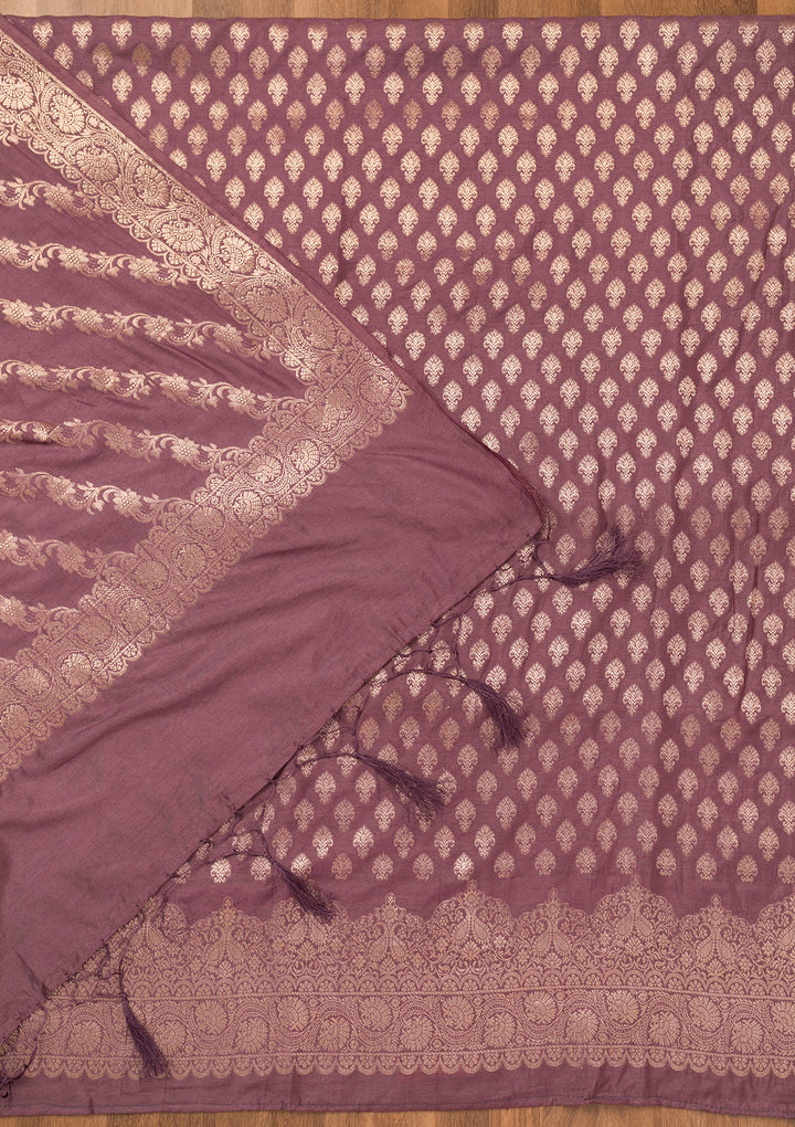 Purple Silk Gold Zariwork Unstitched Dress Material With Matching Bottom And Dupatta