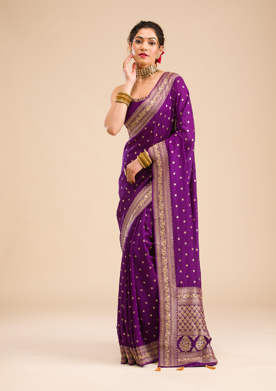 Purple Silk Buti Cutdana Saree With Matching Blouse Piece