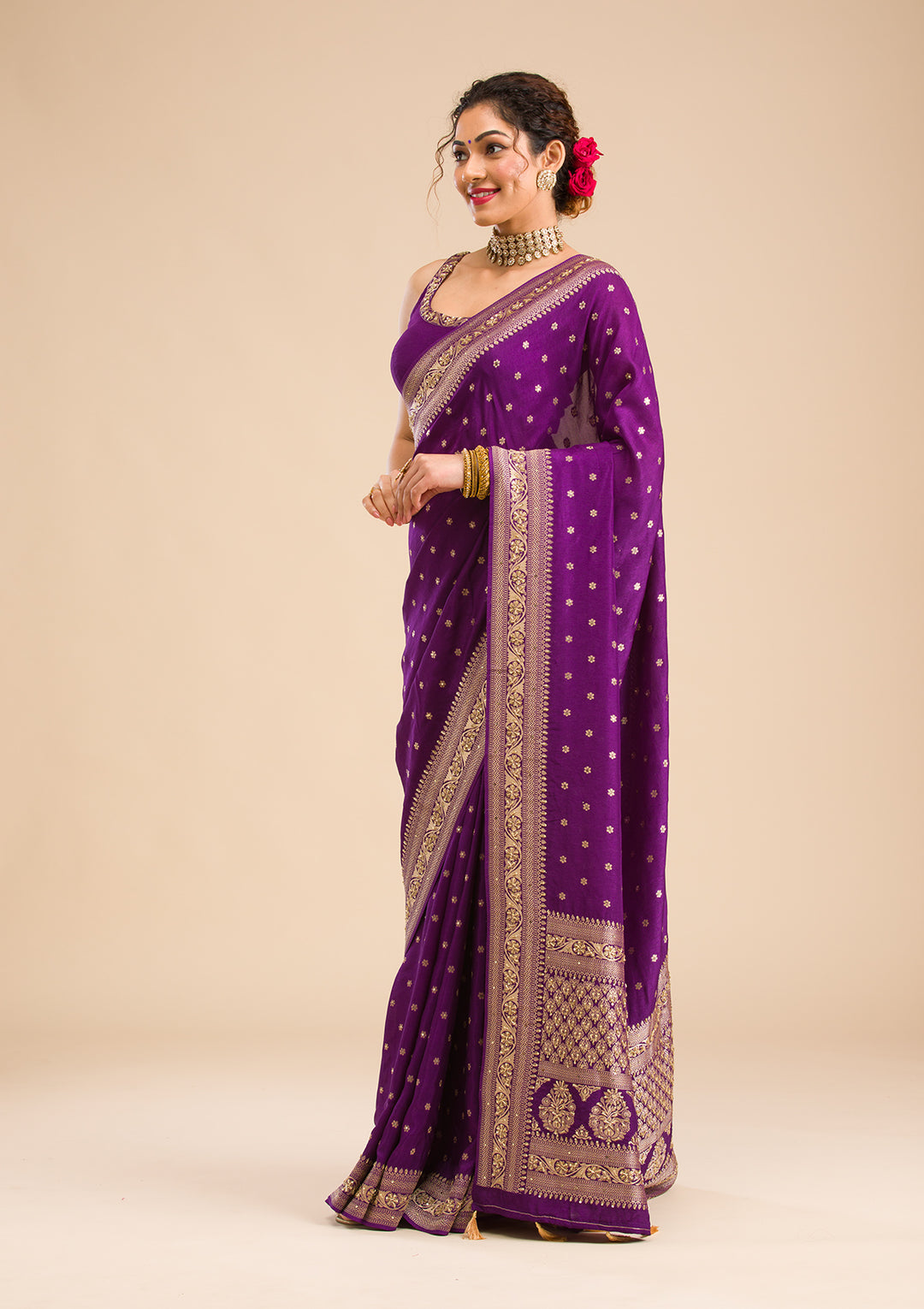 Purple Silk Buti Cutdana Saree With Matching Blouse Piece