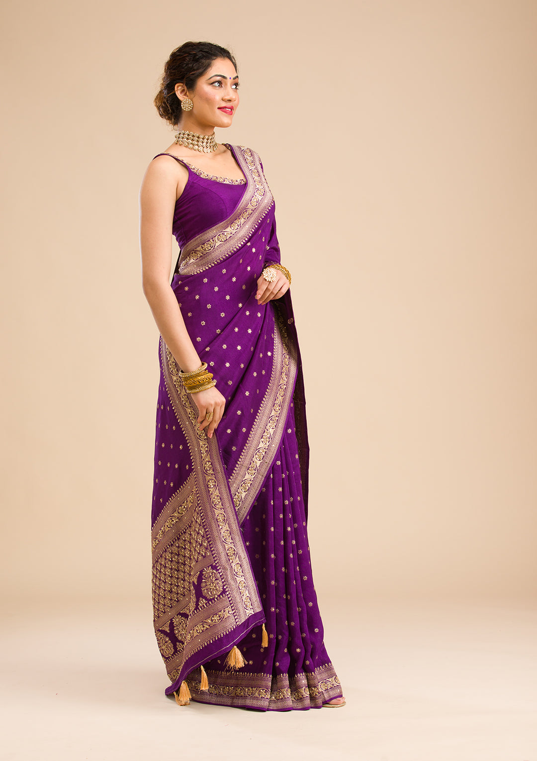 Purple Silk Buti Cutdana Saree With Matching Blouse Piece