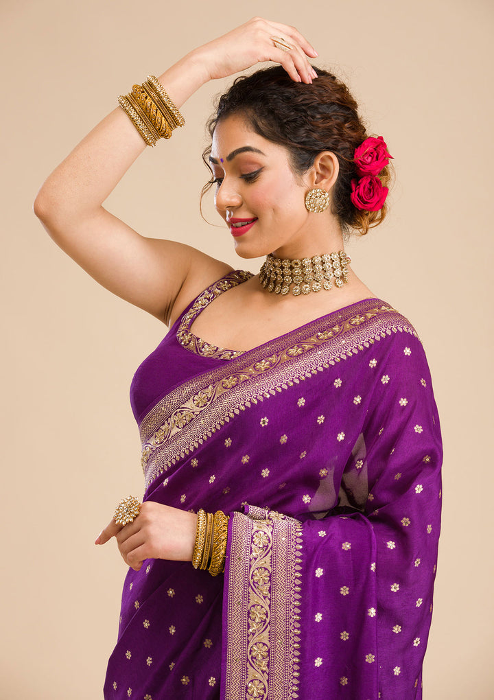 Purple Silk Buti Cutdana Saree With Matching Blouse Piece