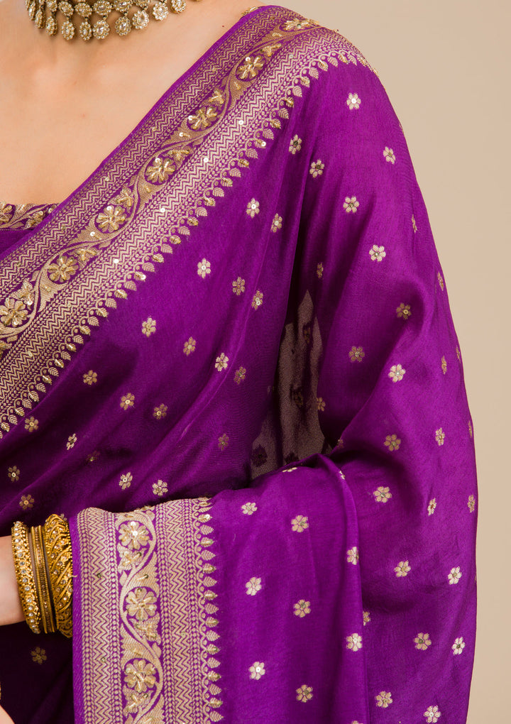 Purple Silk Buti Cutdana Saree With Matching Blouse Piece