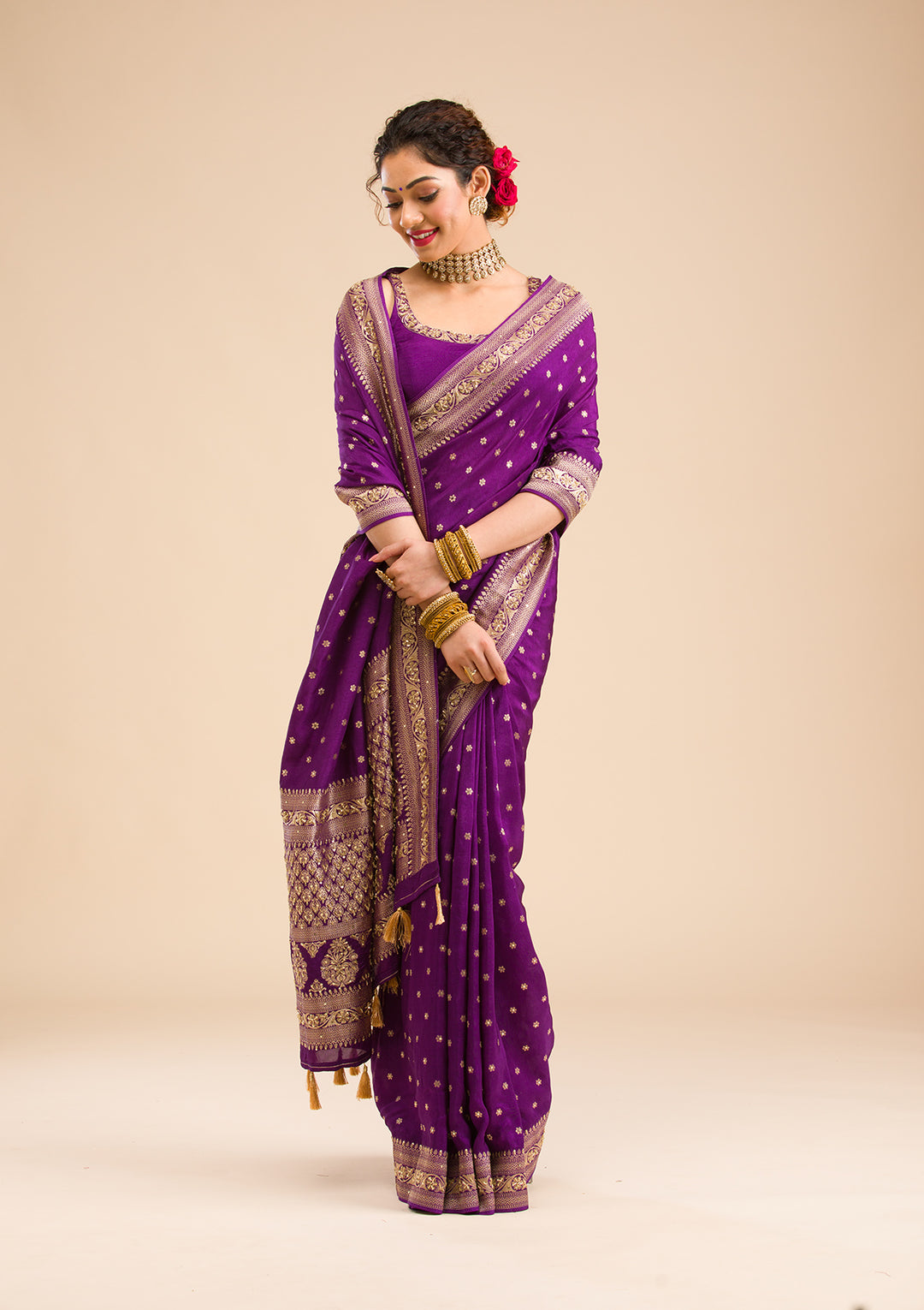 Purple Silk Buti Cutdana Saree With Matching Blouse Piece