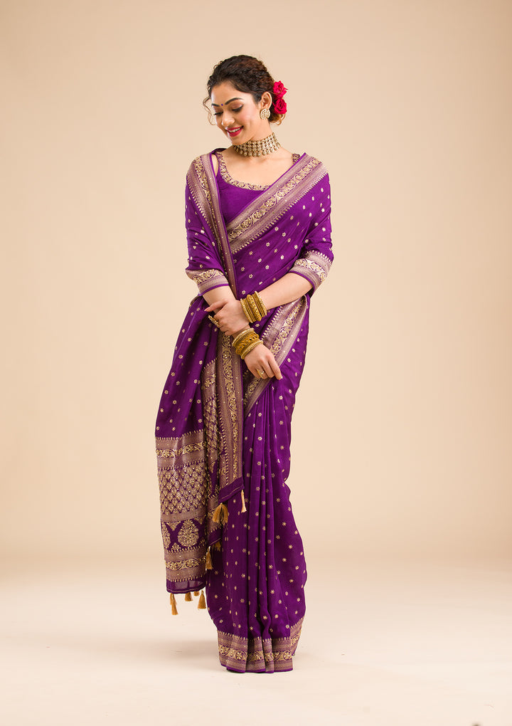 Purple Silk Buti Cutdana Saree With Matching Blouse Piece