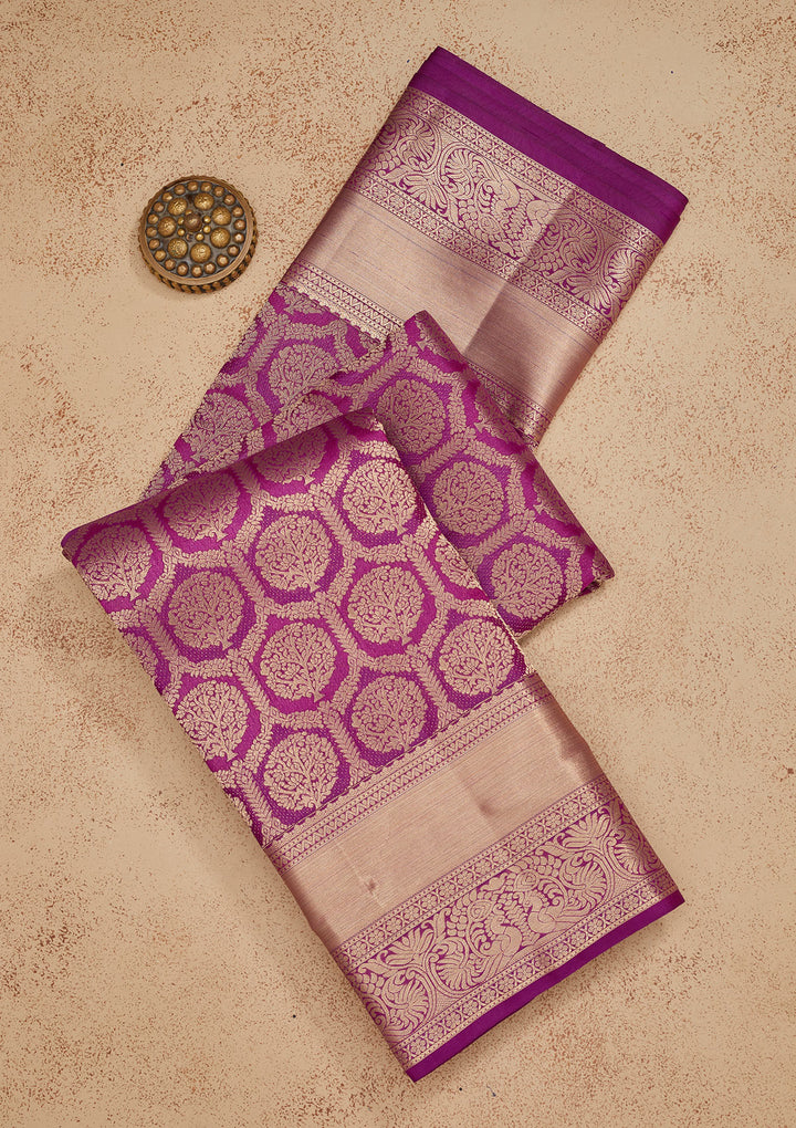 Purple Silk Jaal Gold Zariwork Saree With Matching Blouse Piece