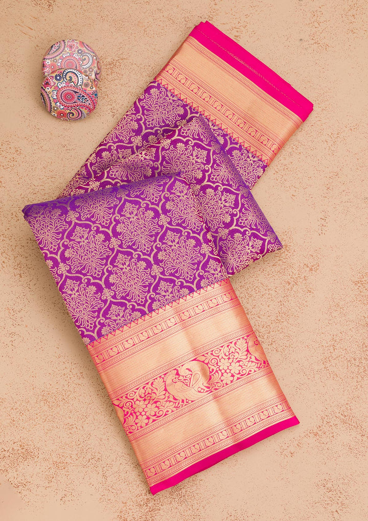 Purple Silk Jaal Gold Zariwork Saree With Matching Blouse Piece