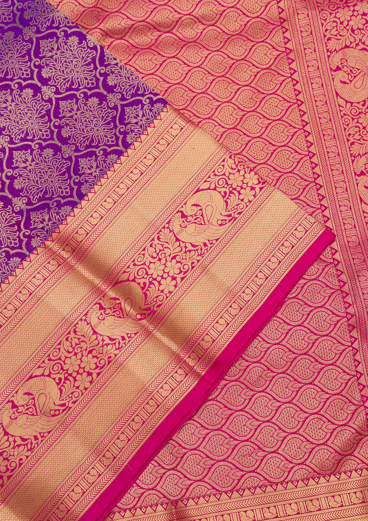Purple Silk Jaal Gold Zariwork Saree With Matching Blouse Piece