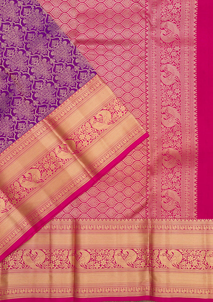 Purple Silk Jaal Gold Zariwork Saree With Matching Blouse Piece