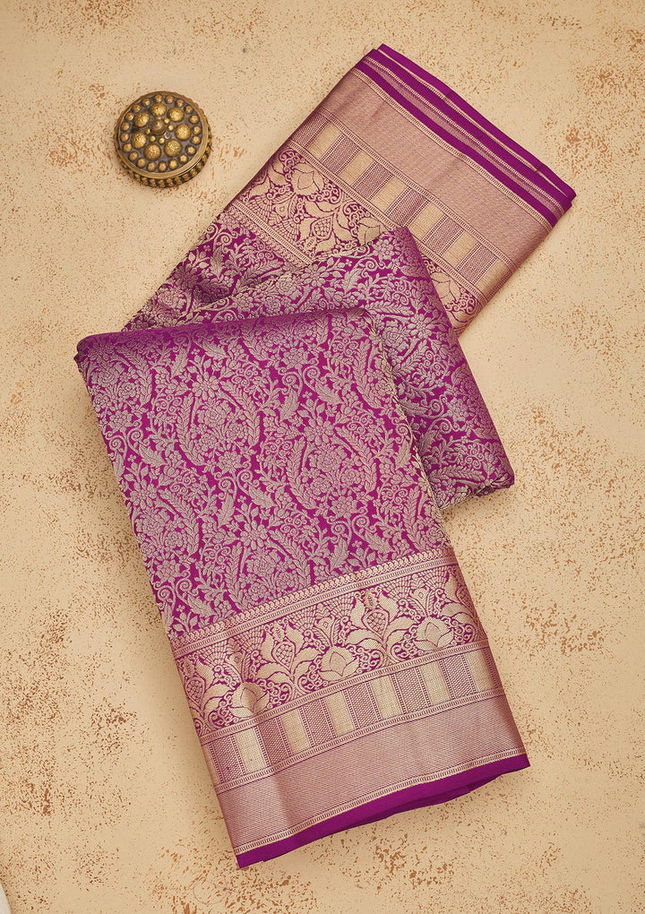 Purple Silk Jaal Gold Zariwork Saree With Matching Blouse Piece