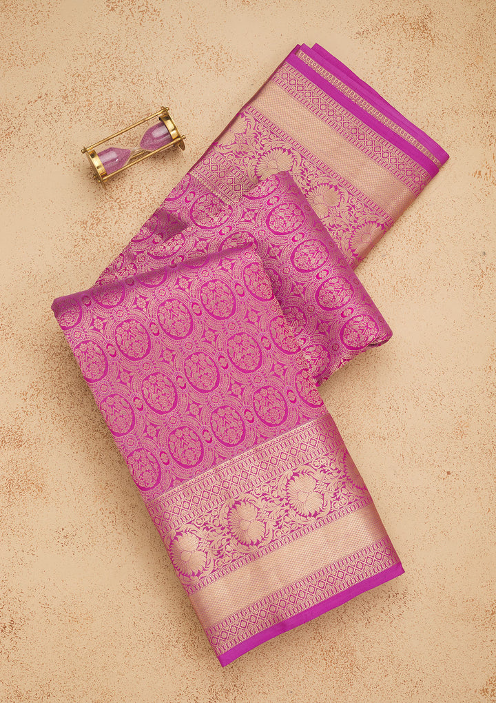 Purple Silk Jaal Gold Zariwork Saree With Matching Blouse Piece