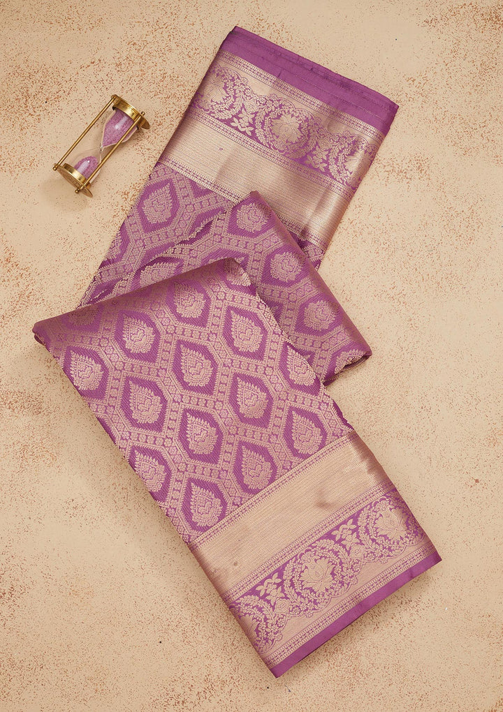 Purple Silk Jaal Gold Zariwork Saree With Matching Blouse Piece