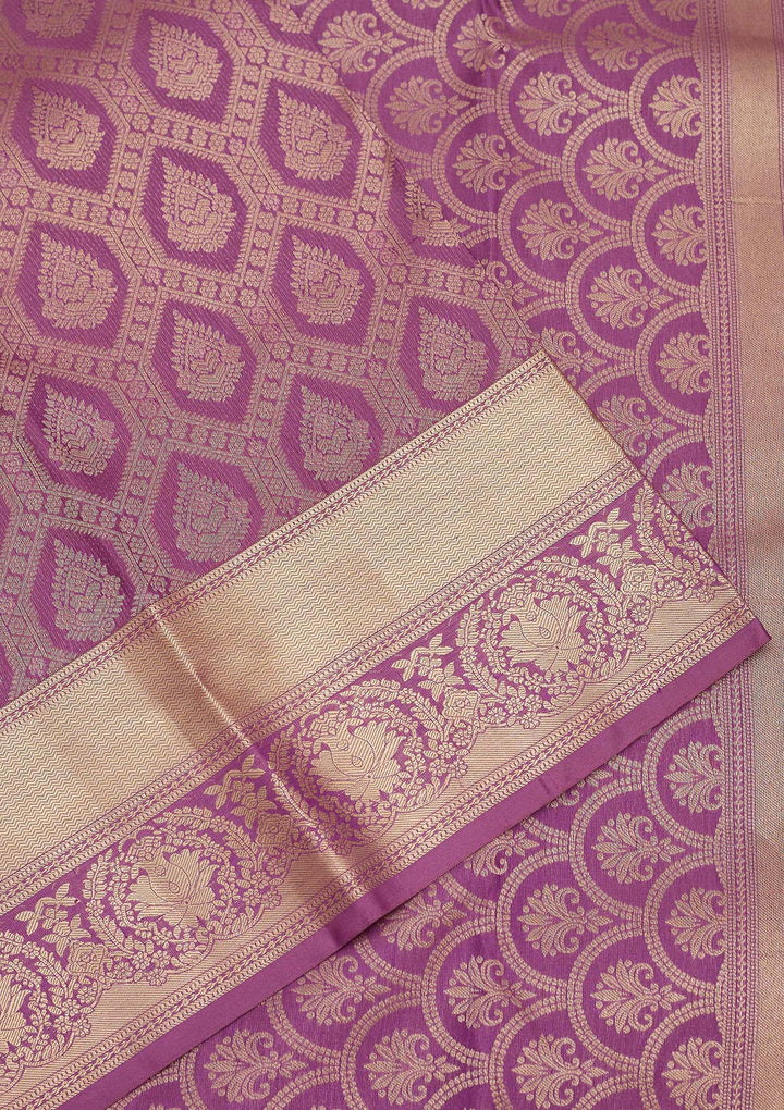 Purple Silk Jaal Gold Zariwork Saree With Matching Blouse Piece