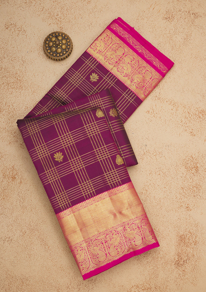 Purple Silk Checks Gold Zariwork Saree With Matching Blouse Piece