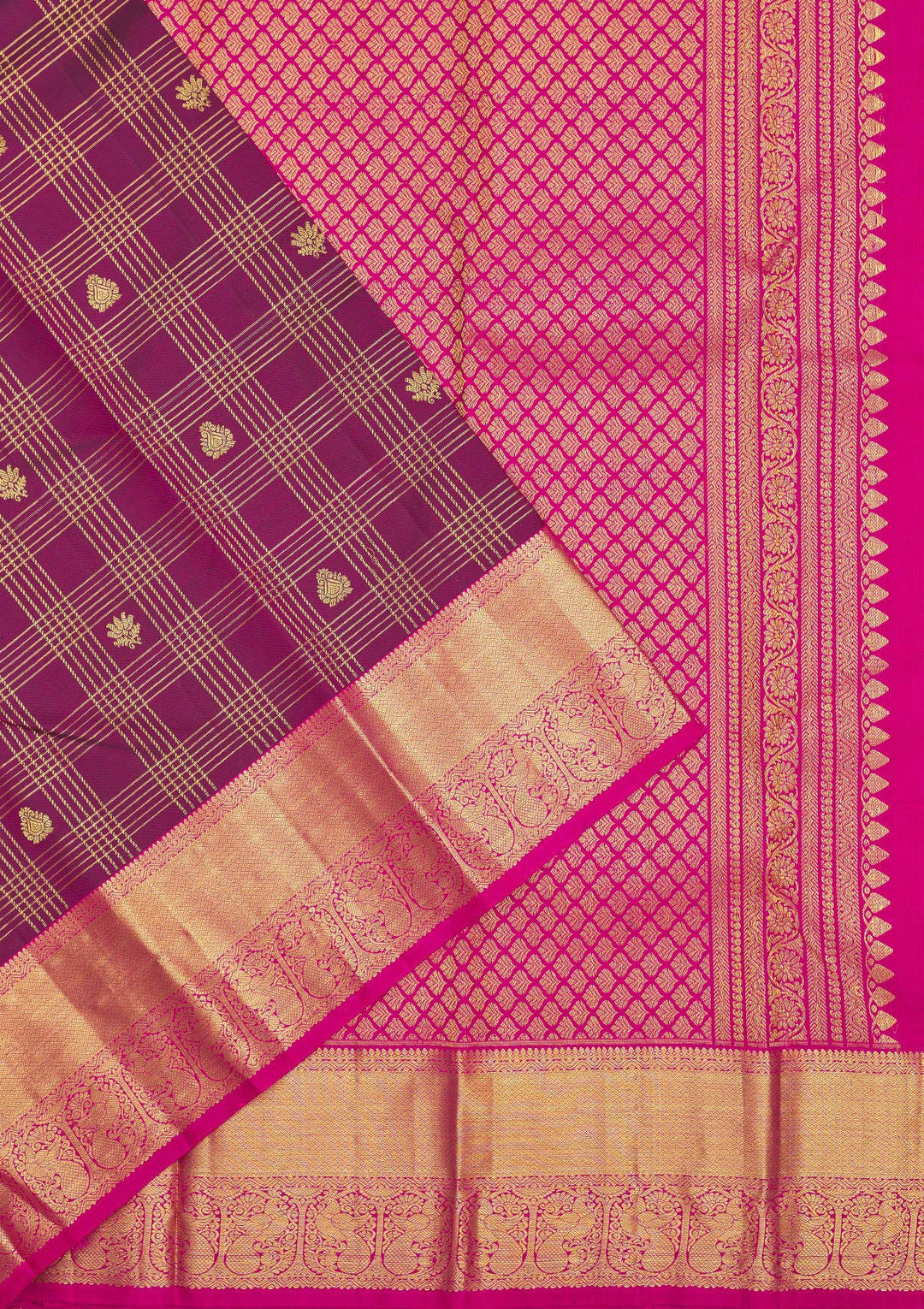 Purple Silk Checks Gold Zariwork Saree With Matching Blouse Piece