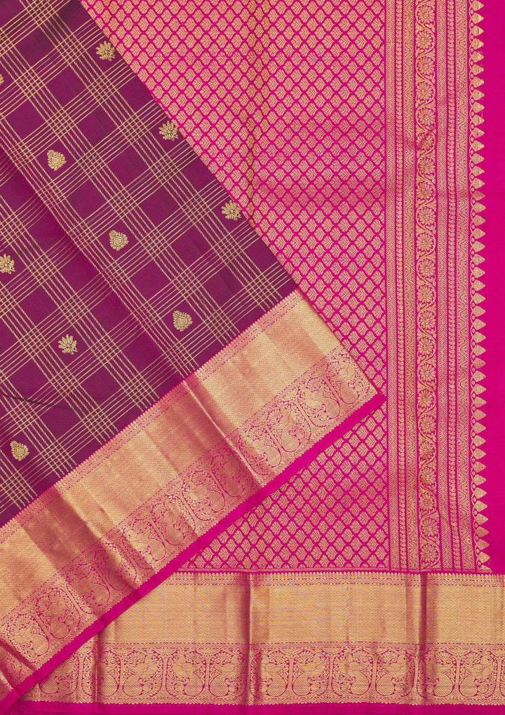 Purple Silk Checks Gold Zariwork Saree With Matching Blouse Piece