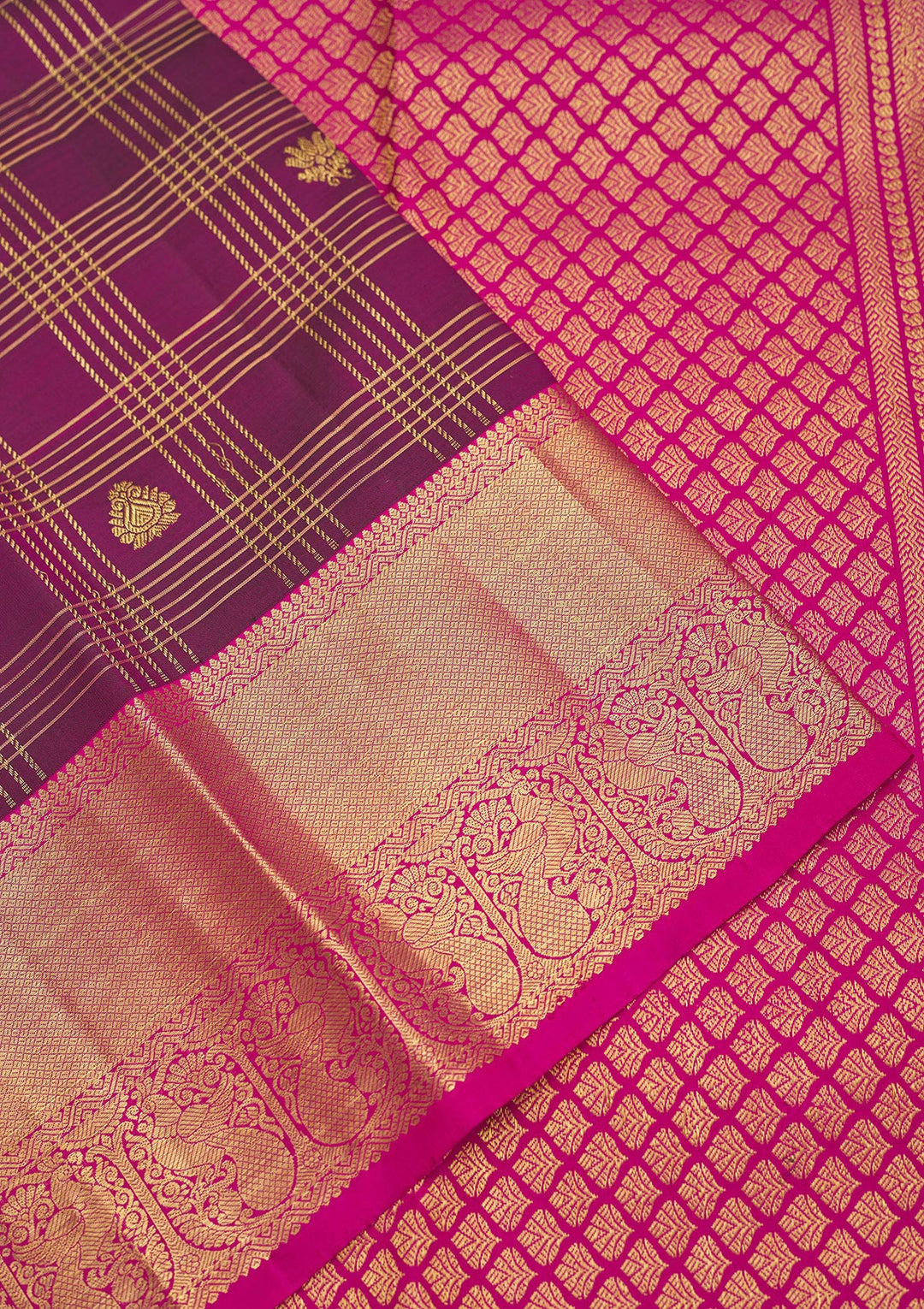 Purple Silk Checks Gold Zariwork Saree With Matching Blouse Piece