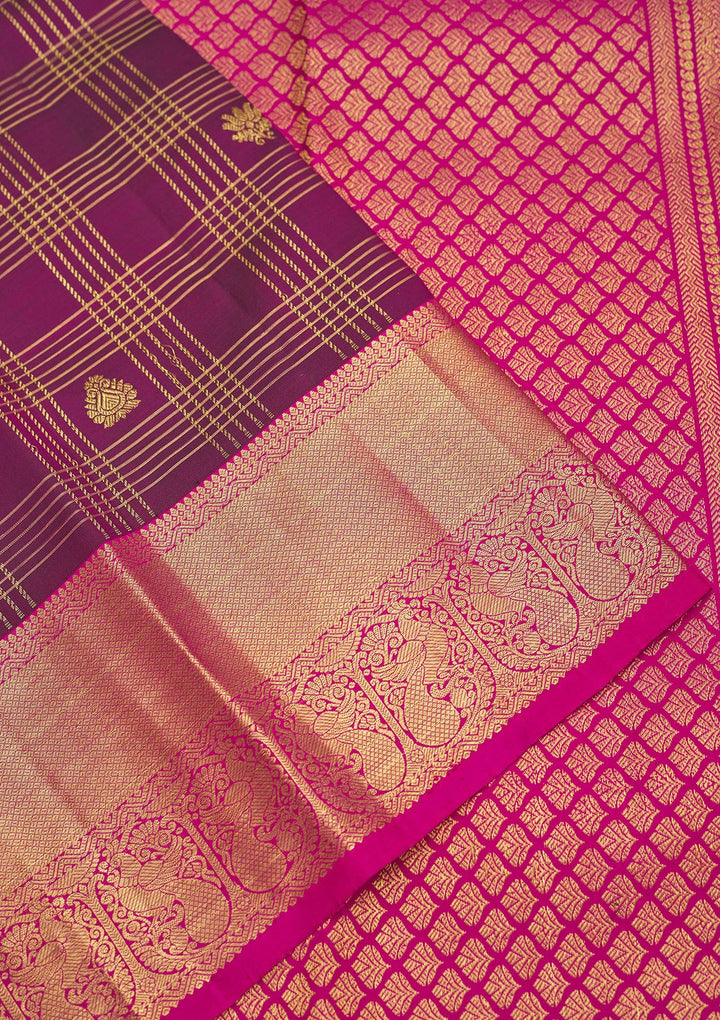 Purple Silk Checks Gold Zariwork Saree With Matching Blouse Piece
