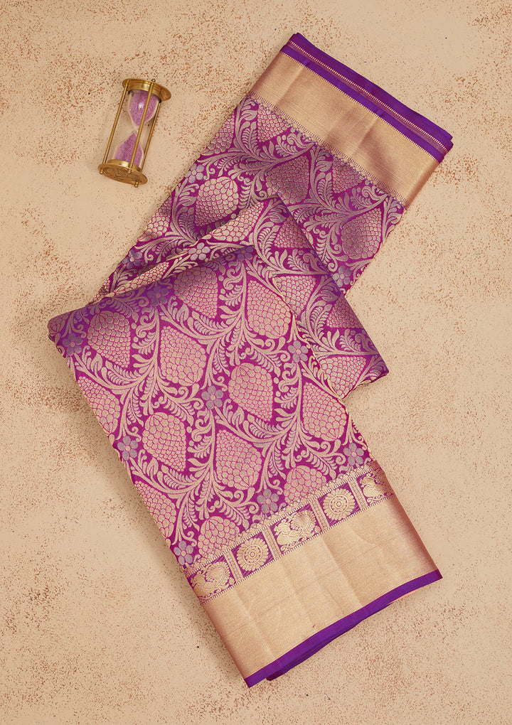 Purple Silk Jaal Gold Zariwork Saree With Matching Blouse Piece