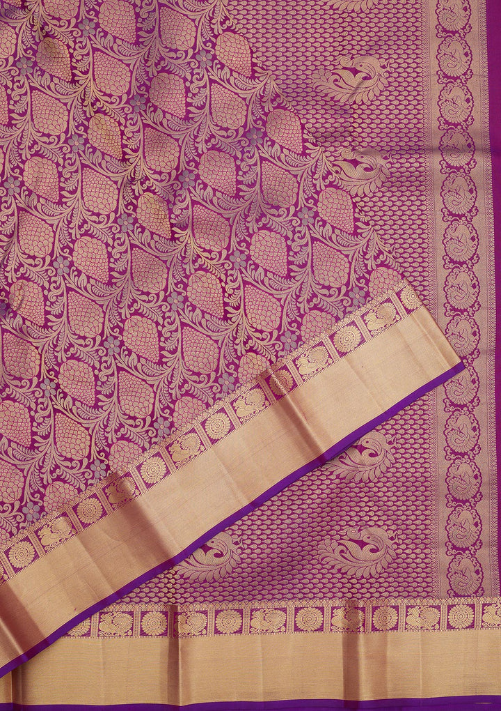 Purple Silk Jaal Gold Zariwork Saree With Matching Blouse Piece