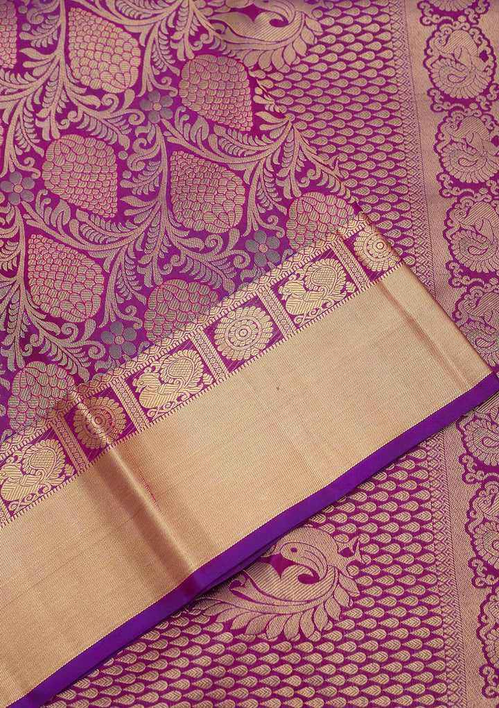 Purple Silk Jaal Gold Zariwork Saree With Matching Blouse Piece