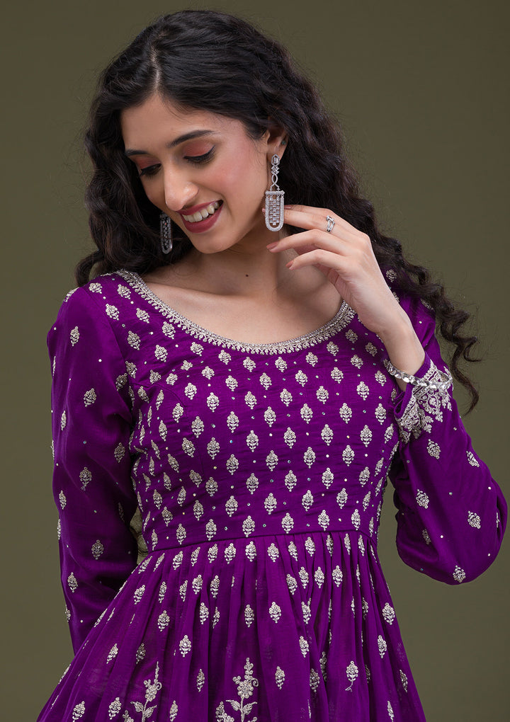 Purple Zariwork Raw Silk Readymade Salwar Suit