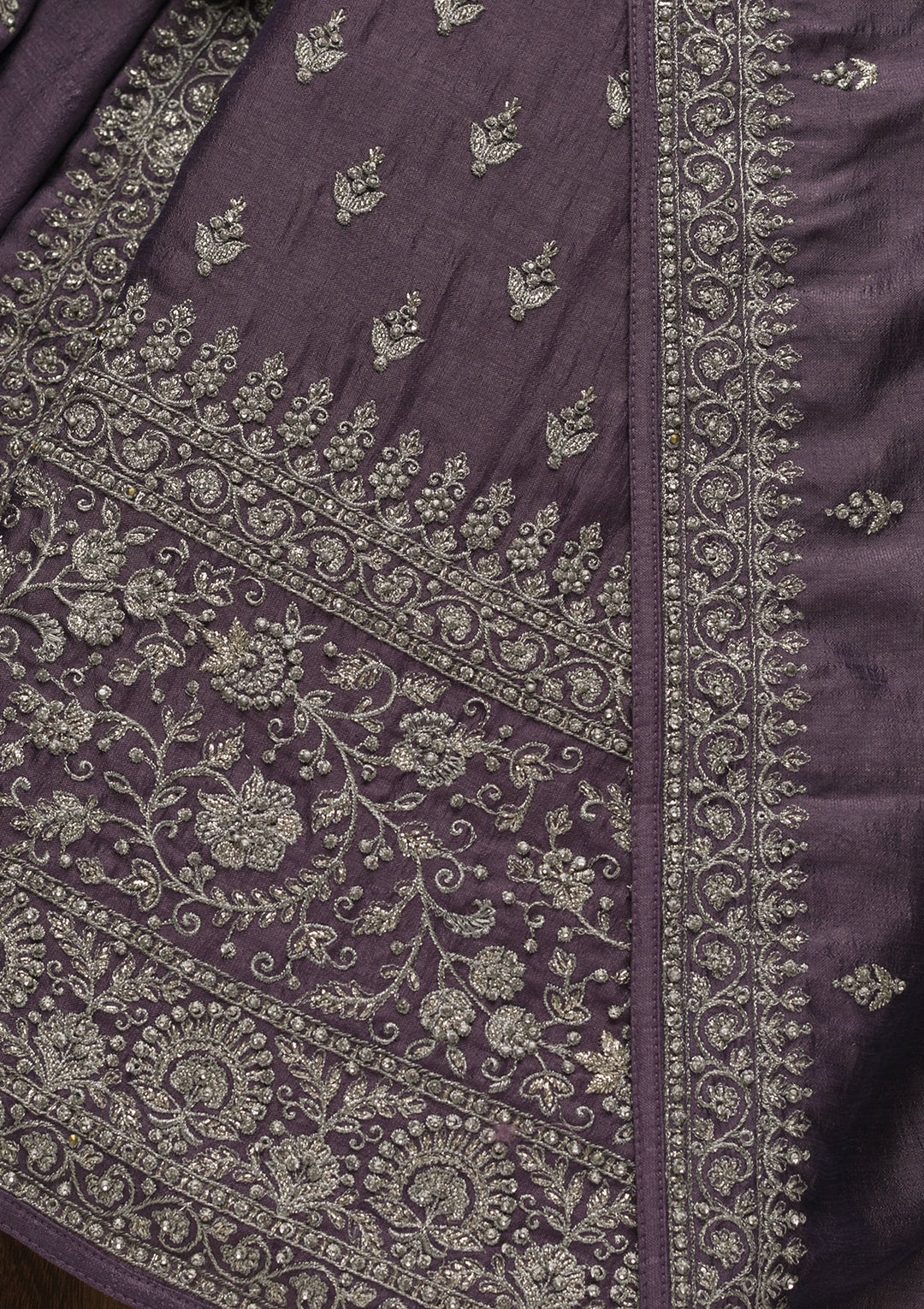 Lavender Soft Raw Silk Cording Unstitched Dress Material With Matching Bottom And Dupatta