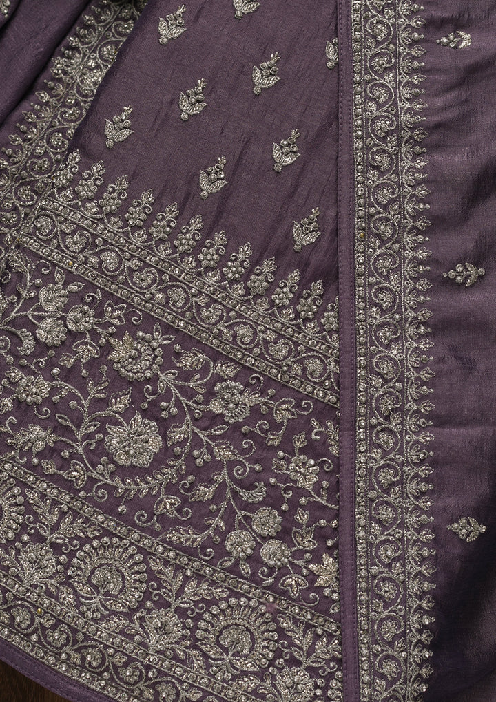 Lavender Soft Raw Silk Cording Unstitched Dress Material With Matching Bottom And Dupatta