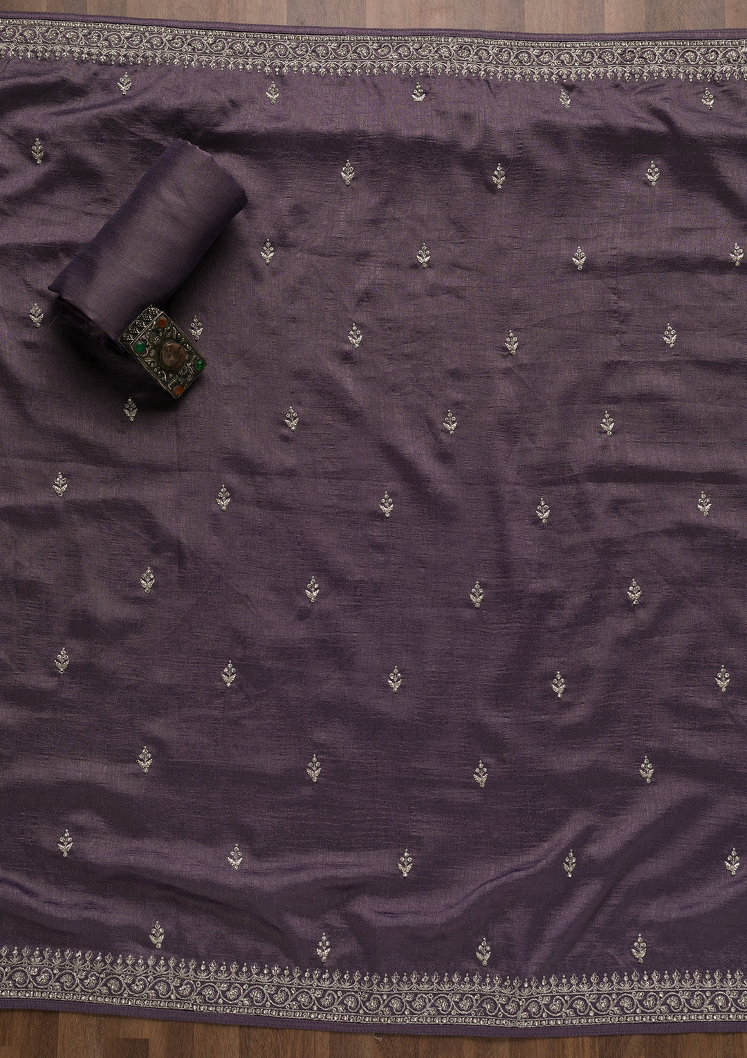 Lavender Soft Raw Silk Cording Unstitched Dress Material With Matching Bottom And Dupatta