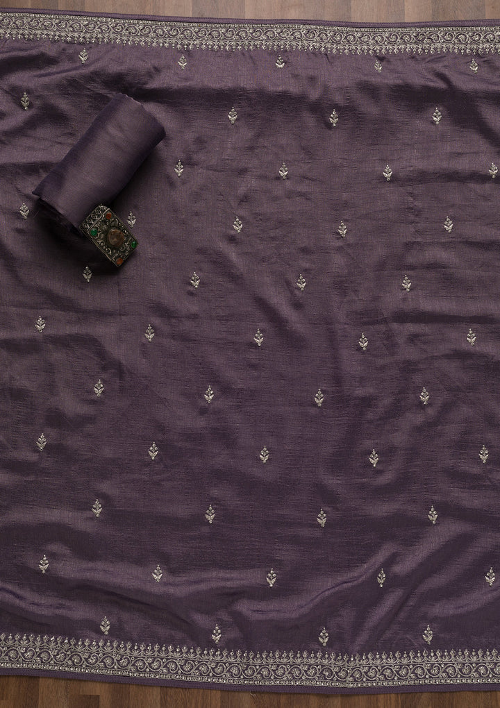Lavender Soft Raw Silk Cording Unstitched Dress Material With Matching Bottom And Dupatta