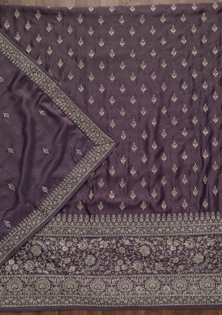 Lavender Soft Raw Silk Cording Unstitched Dress Material With Matching Bottom And Dupatta