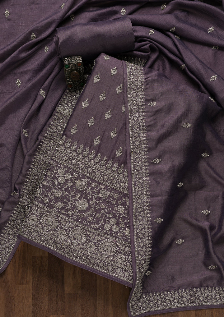 Lavender Soft Raw Silk Cording Unstitched Dress Material With Matching Bottom And Dupatta
