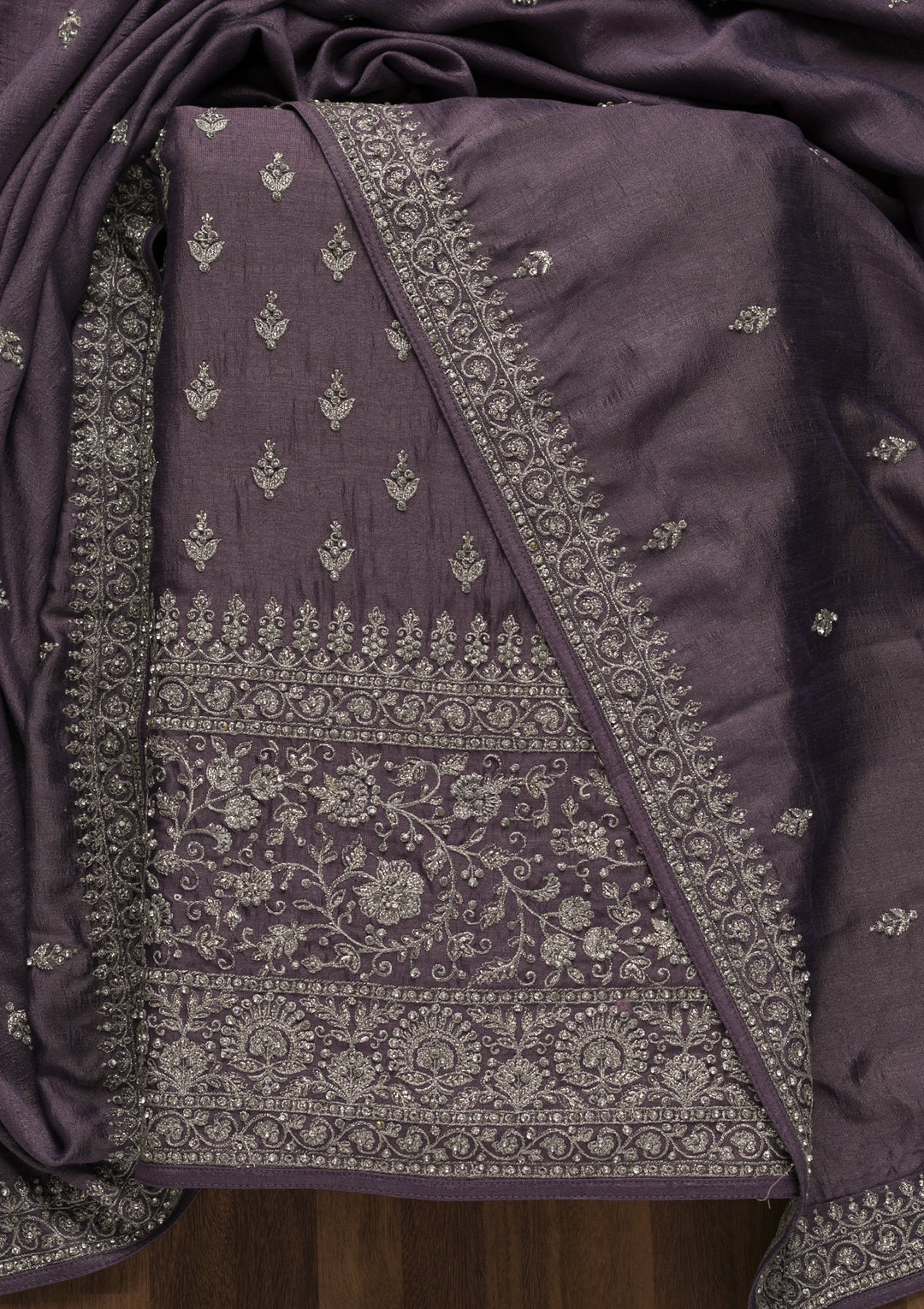 Lavender Soft Raw Silk Cording Unstitched Dress Material With Matching Bottom And Dupatta