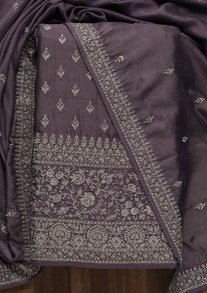 Lavender Soft Raw Silk Cording Unstitched Dress Material With Matching Bottom And Dupatta