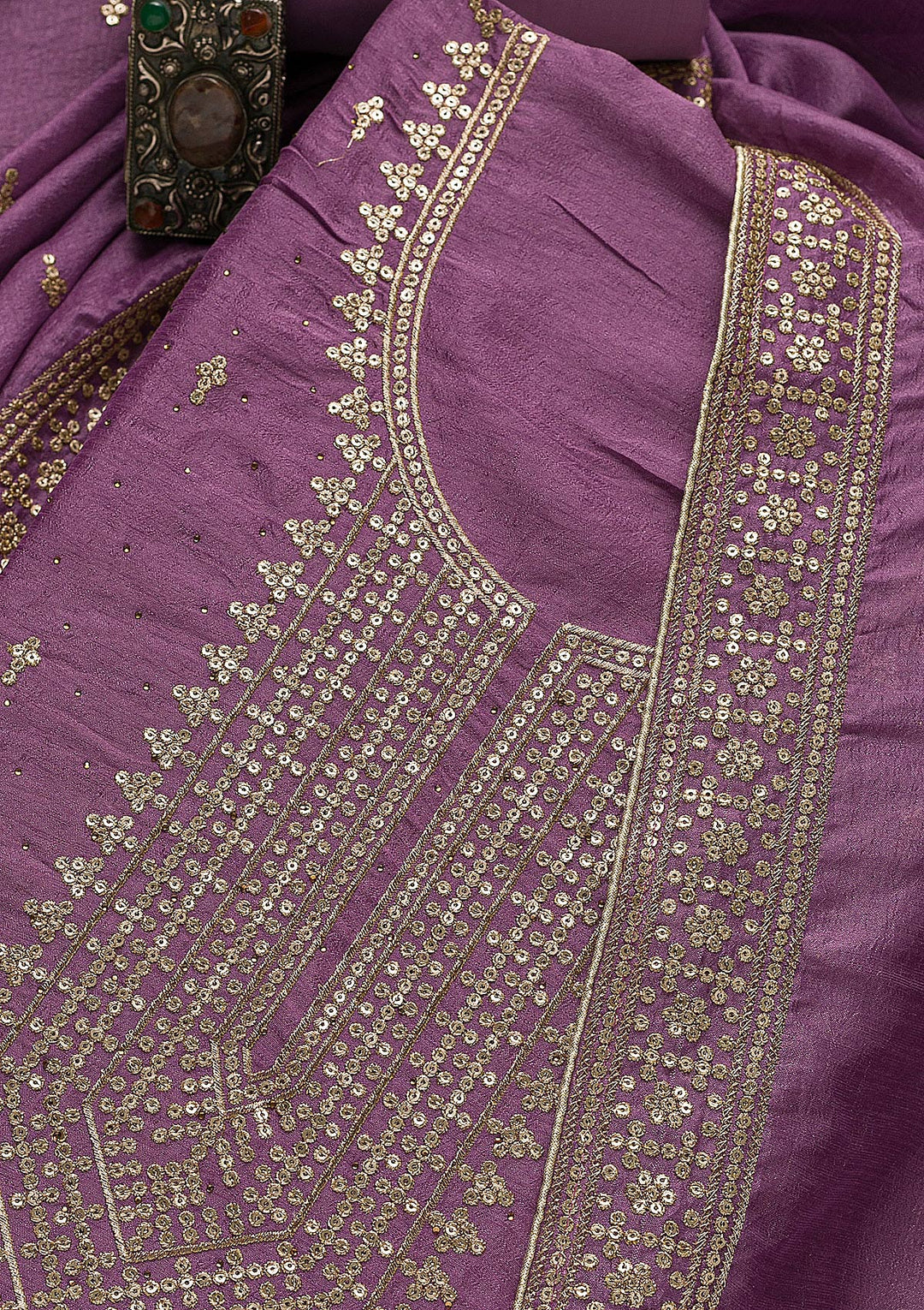 Purple Zariwork Raw Silk Unstitched Salwar Suit