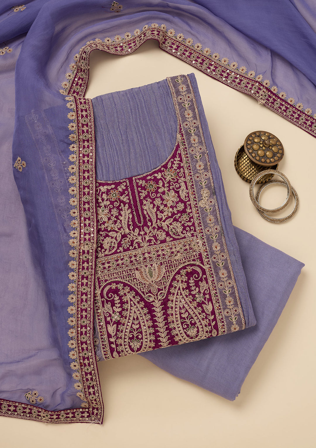 Purple Tissue Gold Zariwork Unstitched Dress Material With Matching Bottom And Dupatta