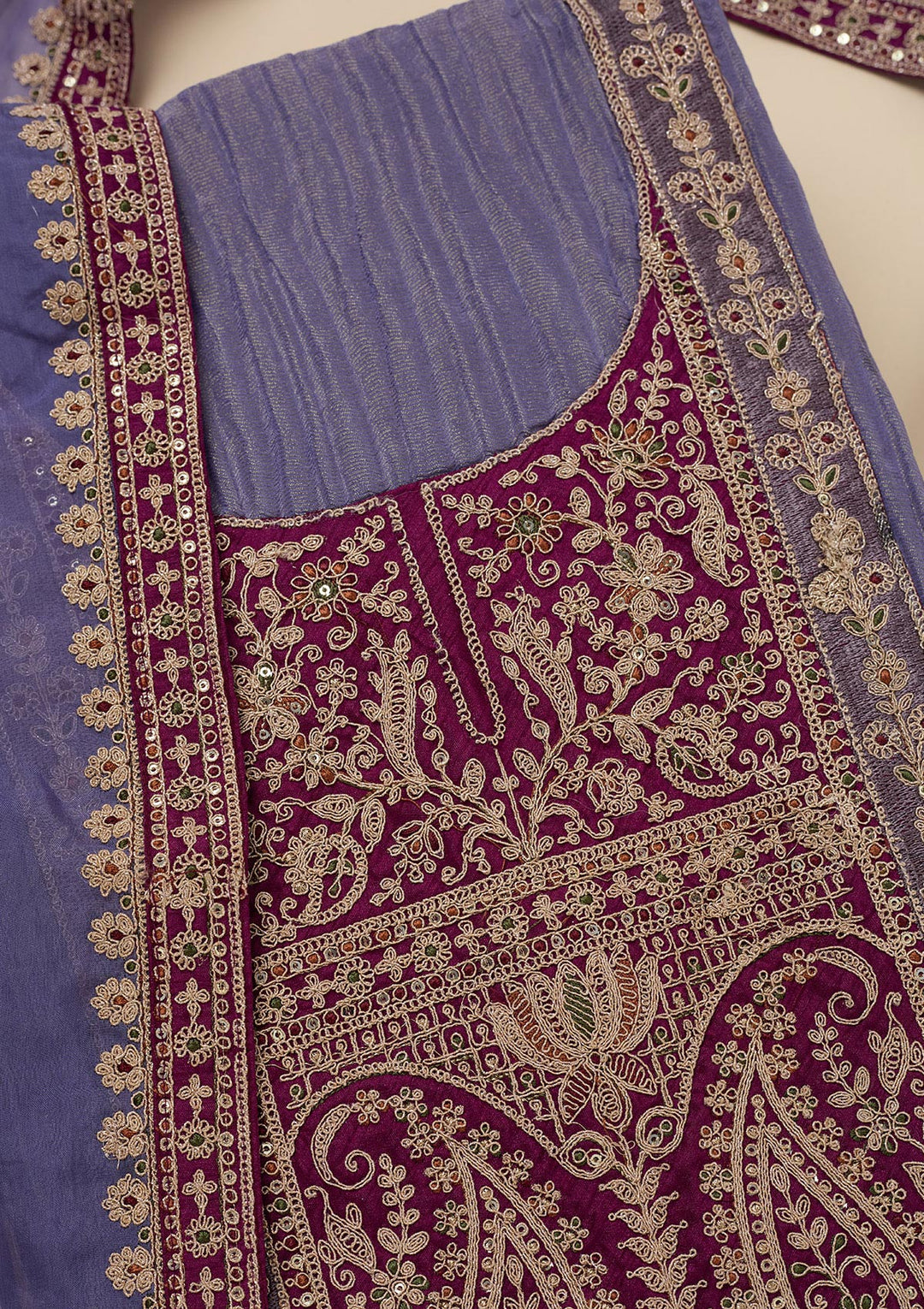 Purple Tissue Gold Zariwork Unstitched Dress Material With Matching Bottom And Dupatta