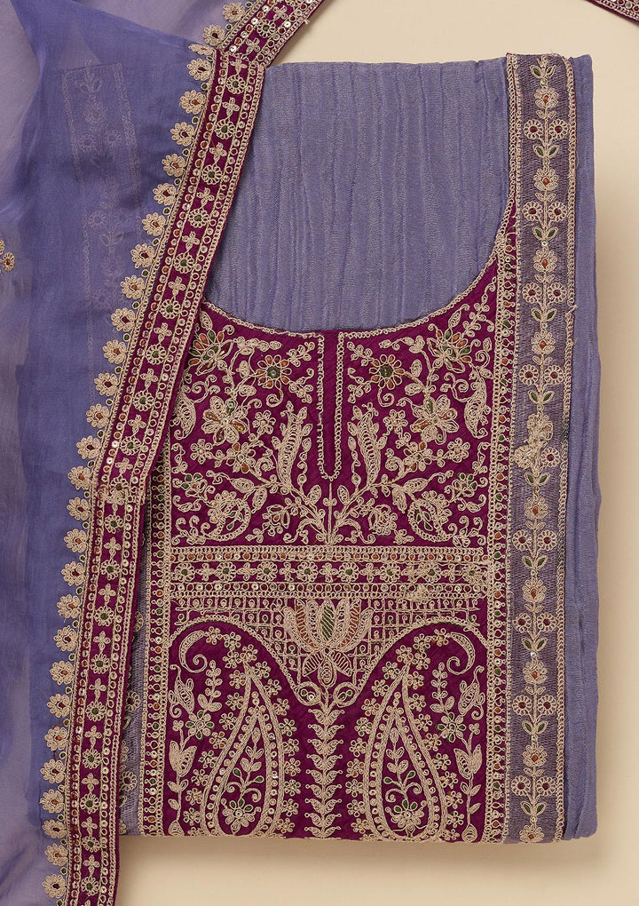 Purple Tissue Gold Zariwork Unstitched Dress Material With Matching Bottom And Dupatta