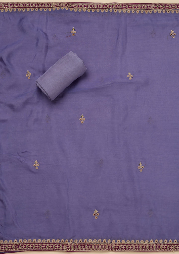 Purple Tissue Gold Zariwork Unstitched Dress Material With Matching Bottom And Dupatta