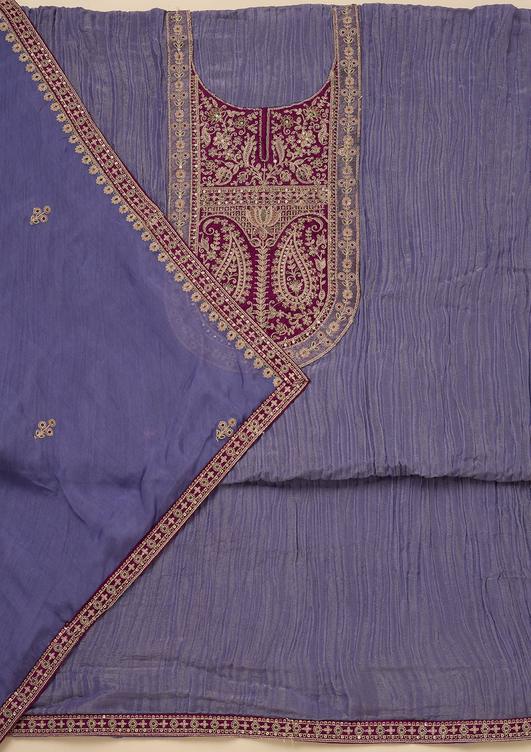 Purple Tissue Gold Zariwork Unstitched Dress Material With Matching Bottom And Dupatta