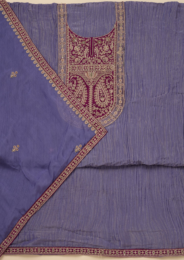 Purple Tissue Gold Zariwork Unstitched Dress Material With Matching Bottom And Dupatta