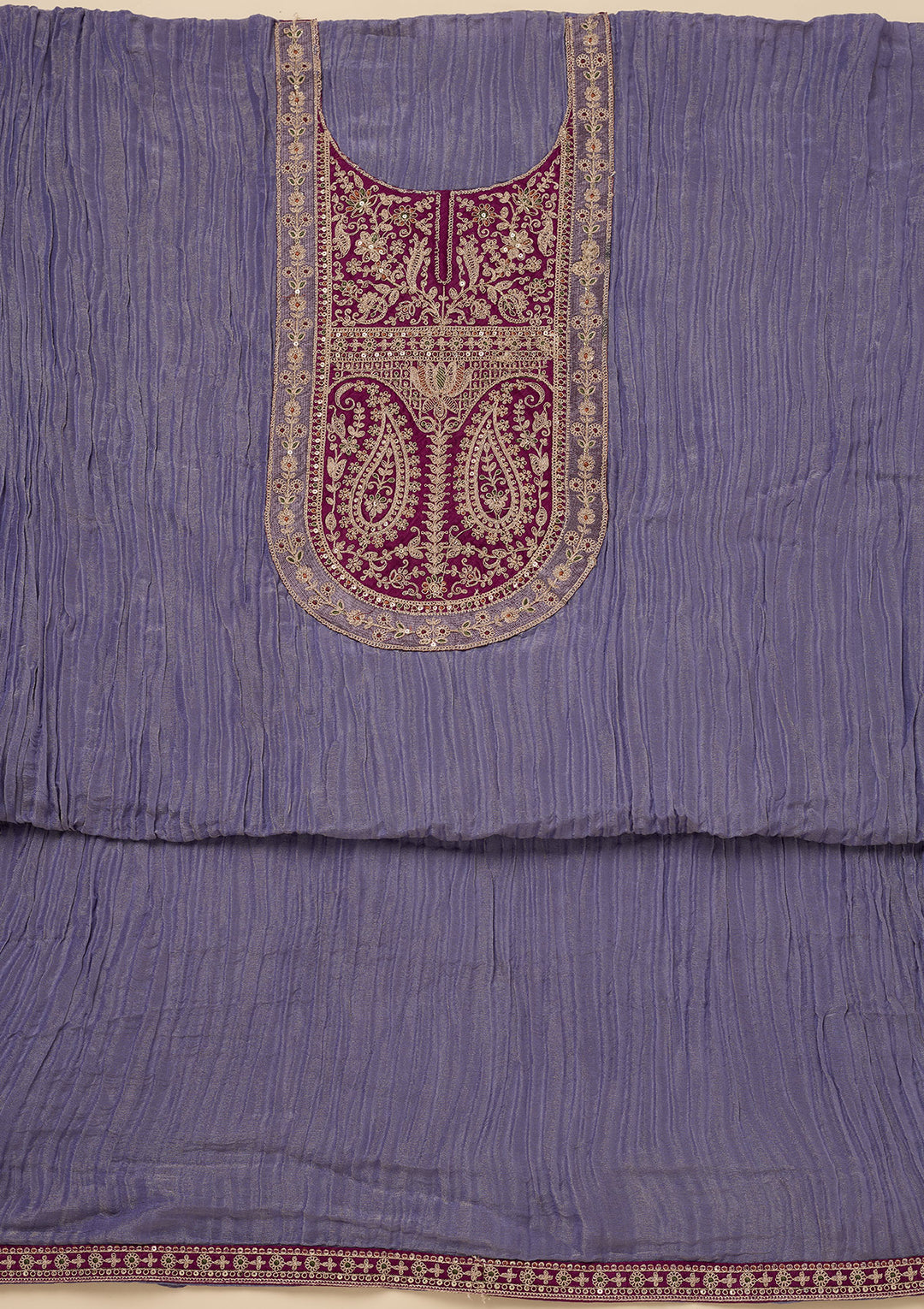 Purple Tissue Gold Zariwork Unstitched Dress Material With Matching Bottom And Dupatta